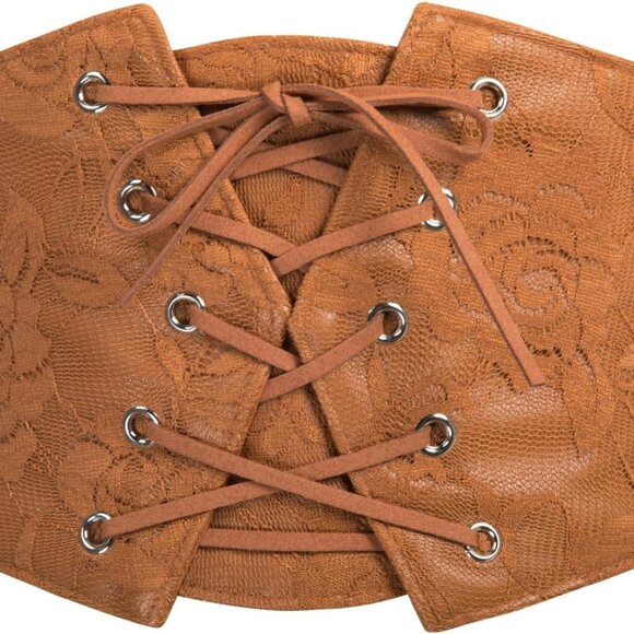 Women Renaissance Corset Belt Lace Overlay Faux Leather Waist Cinch Costume Acce - Picture 1 of 7
